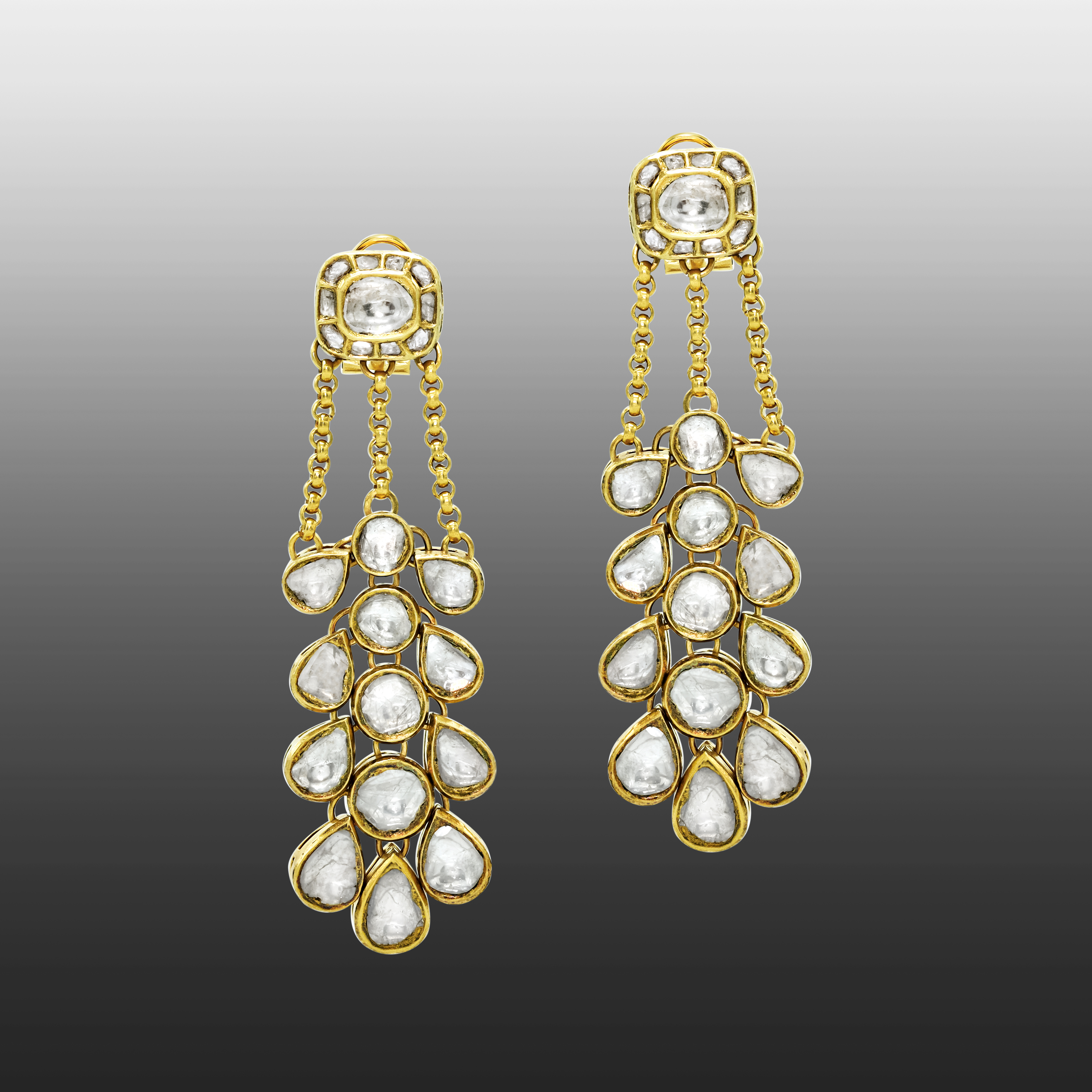 Cascading Polki Earrings with Teardrop Rows and Chain Links